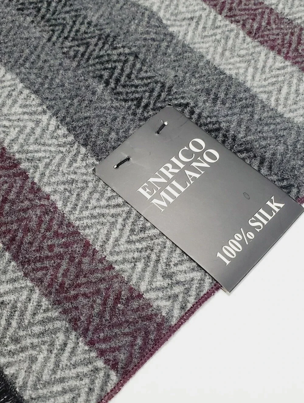 Enrico Milano Men's Silk Winter Scarf Gray & Burgundy Stripe Pattern 60x12.5